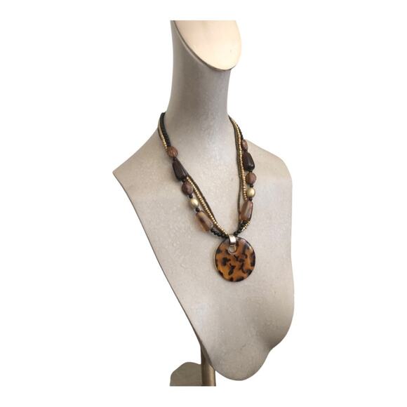 Retro Gold Bead Brown And Black Animal Print Drop Three Strand Necklace - Picture 3 of 11